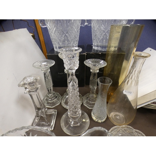 203A - Quantity of glassware to include two ice buckets, sugar and cream, vases, candlesticks, ship in a bo... 