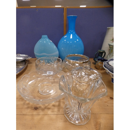 205 - Two blue glass vases, crystal bowls etc.