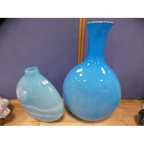 205 - Two blue glass vases, crystal bowls etc.