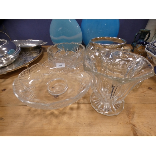 205 - Two blue glass vases, crystal bowls etc.