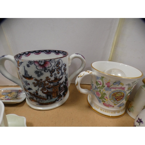 206A - Doulton Burslem tea for two set, Wedgwood twin-handled mug, owl ornaments, bell etc.