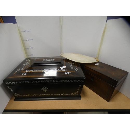 207 - Antique tea caddy, box with mother of pearl inlay and a small mother of pearl tray.  (3)