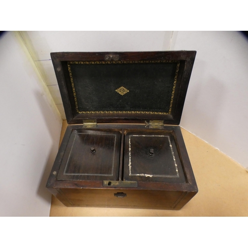 207 - Antique tea caddy, box with mother of pearl inlay and a small mother of pearl tray.  (3)