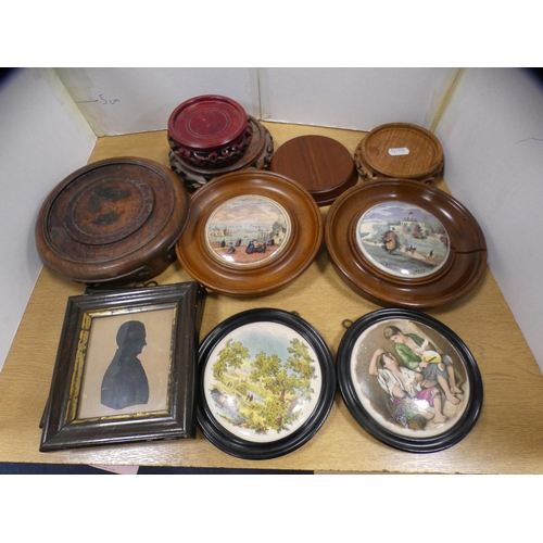 210 - Four framed pot lids, two Regency style silhouettes and assorted wooden stands.