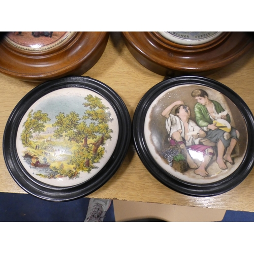 210 - Four framed pot lids, two Regency style silhouettes and assorted wooden stands.