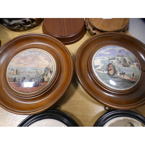 210 - Four framed pot lids, two Regency style silhouettes and assorted wooden stands.