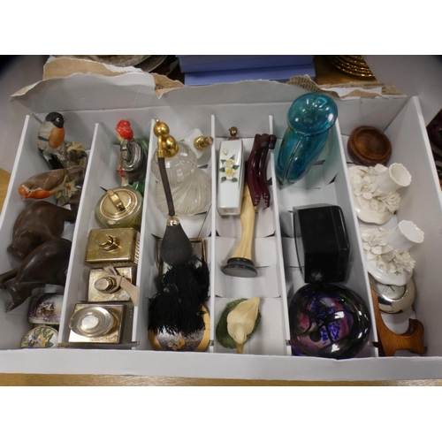 211 - Various scent bottles, pair of candle holders, lighter, pill boxes, figures etc.