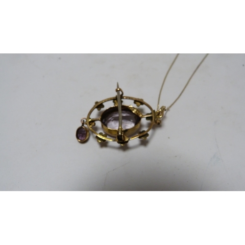 222 - Gold gem pendant/brooch and necklet, 5.1g gross.