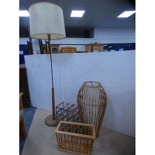 327 - Standard lamp, floor-standing lamp, magazine rack and a wine rack.  (4)