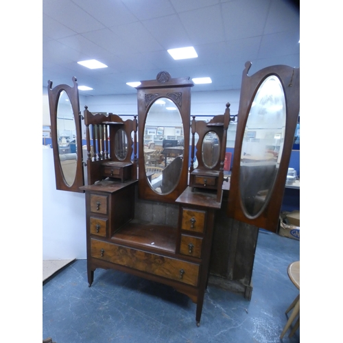 328 - Mahogany and walnut veneered duchess-style dressing table with side mirrors, 190cm high.