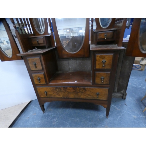 328 - Mahogany and walnut veneered duchess-style dressing table with side mirrors, 190cm high.