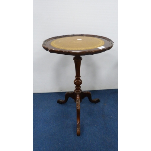 338 - Nest of three tables with brown skivers and glass tops, on pad feet, and a wine table on tripod supp... 