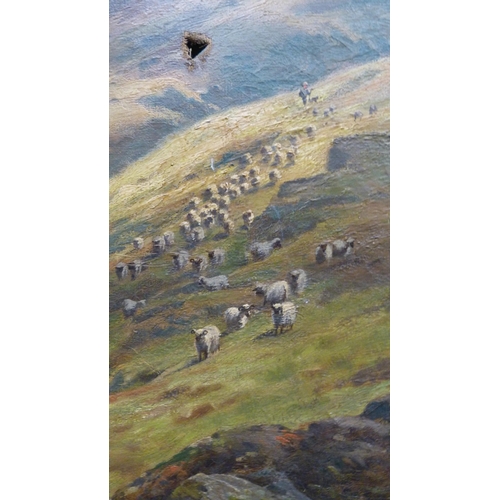 39 - George Wright of AnnanSheep grazing on a hillsideSigned and dated 1893, oil on canvas (a/f), and ano... 