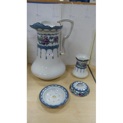 4 - Losol ware chamber set comprising jug and bowl, two chamber pots and two other items.