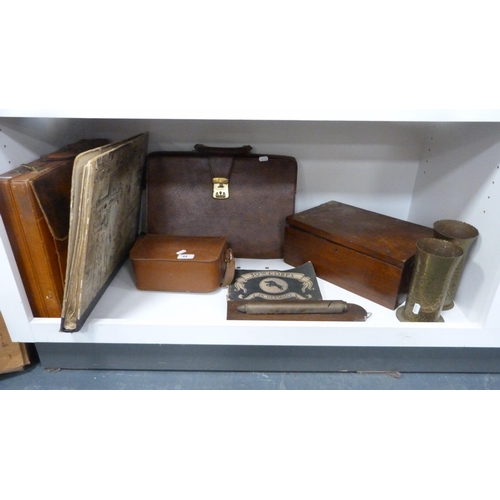 64 - Pair of Benares brass vases, wooden box, attaché case, Atlas folio etc (one shelf).