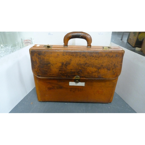 64 - Pair of Benares brass vases, wooden box, attaché case, Atlas folio etc (one shelf).