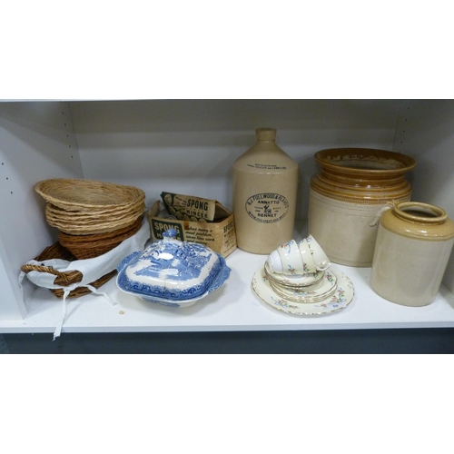 68 - Three stoneware jars including a RJ Fulwood example, wicker baskets, blue and white tureen, Colcloug... 