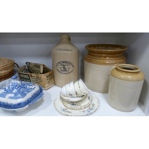 68 - Three stoneware jars including a RJ Fulwood example, wicker baskets, blue and white tureen, Colcloug... 