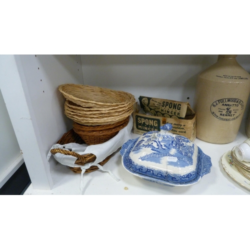 68 - Three stoneware jars including a RJ Fulwood example, wicker baskets, blue and white tureen, Colcloug... 