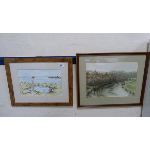 72 - Framed watercolour of two children rockpooling and another.  (2)