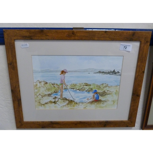 72 - Framed watercolour of two children rockpooling and another.  (2)