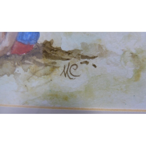 72 - Framed watercolour of two children rockpooling and another.  (2)