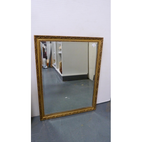 73 - Gilt-framed mirror and three pictures.