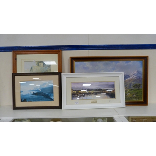 79 - Four framed pictures to include Rothesay harbour, mountainous view etc.  (4)