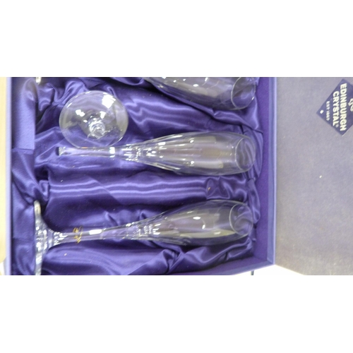 8 - Set of four Edinburgh Crystal wine glasses (one a/f), boxed, and other glassware including Scottish ... 