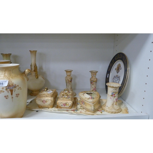 85 - Crown Devon Fieldings dressing table set, two similar pairs of vases, trefoil dish etc (one shelf).