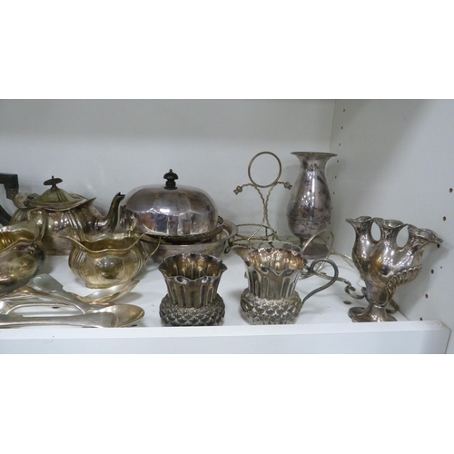 96 - Silver plated wares to include EP thistle-shaped sugar and cream, silver plated three-piece tea serv... 