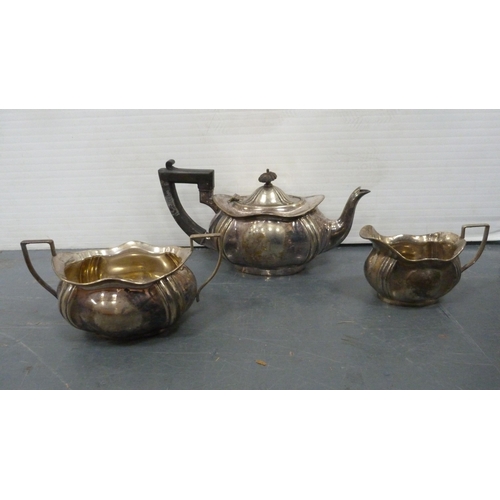 96 - Silver plated wares to include EP thistle-shaped sugar and cream, silver plated three-piece tea serv... 