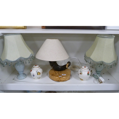 98 - Horn table lamp, another two table lamps, and a pair of Crown Devon ginger jars and covers (one shel... 