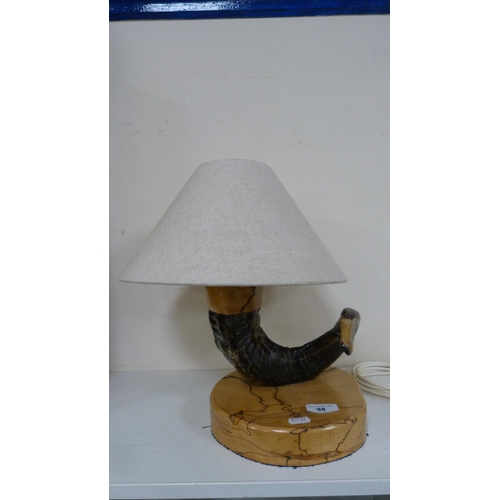 98 - Horn table lamp, another two table lamps, and a pair of Crown Devon ginger jars and covers (one shel... 