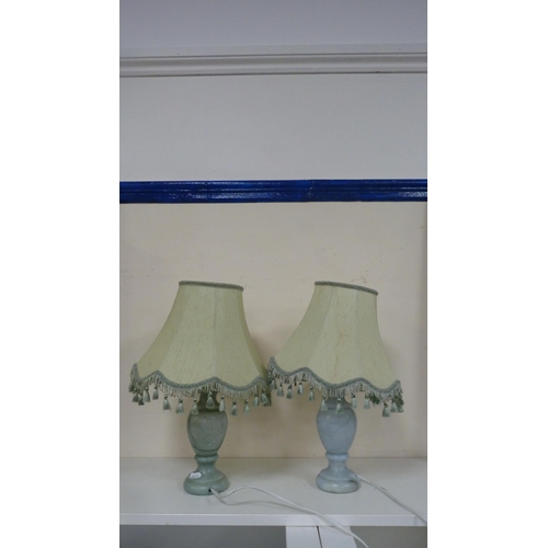 98 - Horn table lamp, another two table lamps, and a pair of Crown Devon ginger jars and covers (one shel... 