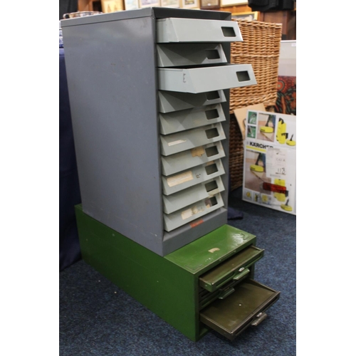 985 - Metal ten drawer filing cabinet and a green metal six drawer filing cabinet.