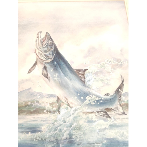 136 - ARTIST UNKNOWN.  Watercolour of a leaping salmon. Indistinctly signed. 20