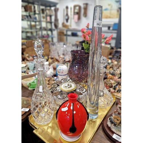 362 - Strömbergshyttan tall glass vase, cut glass decanters, red and black art glass vase, etc