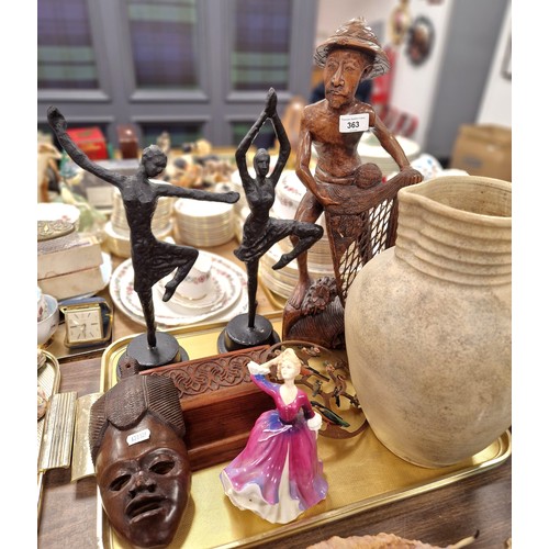 363 - Decorative items to include carved fisherman figure, mask, stationary box, Royal Doulton Melissa HN2... 