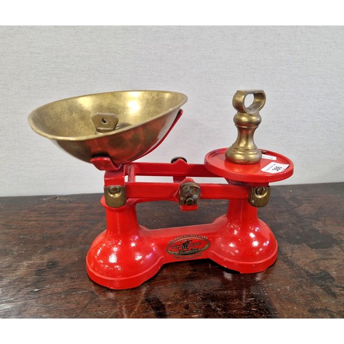 366 - Set of brass kitchen scales painted red F J Thornton & Co. 'The Viking'