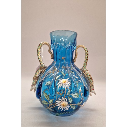 370 - Auguste Jean style hand painted / enamelled blue glass vase with drip design, the twin-handles in th... 