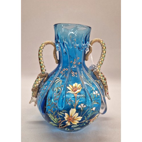 370 - Auguste Jean style hand painted / enamelled blue glass vase with drip design, the twin-handles in th... 