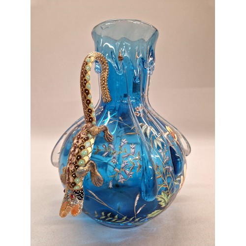 370 - Auguste Jean style hand painted / enamelled blue glass vase with drip design, the twin-handles in th... 