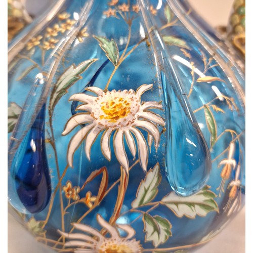 370 - Auguste Jean style hand painted / enamelled blue glass vase with drip design, the twin-handles in th... 