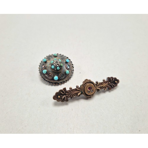 52 - Two antique brooches both marked 15ct, one set with a diamond chip and turquoise cabochons, the othe... 