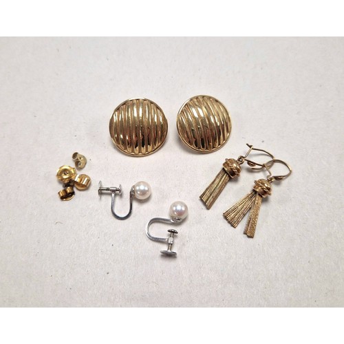 53 - Three pairs of 9ct gold earrings, one pair Ciro white gold pearl clip on, two yellow gold, and five ... 