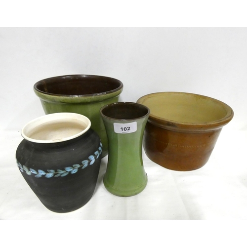 102 - Raymond Liverpool Art Pottery vase, green glazed vase and others.