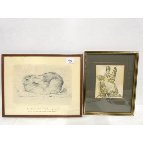 106 - Peter Rabbit print and colored etching of a lady playing a harp.