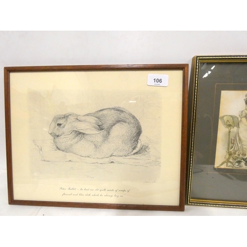 106 - Peter Rabbit print and colored etching of a lady playing a harp.