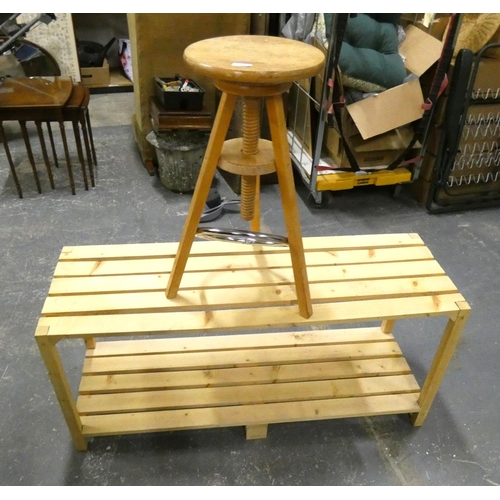 121 - Modern adjustable kitchen stool and pine shelves.